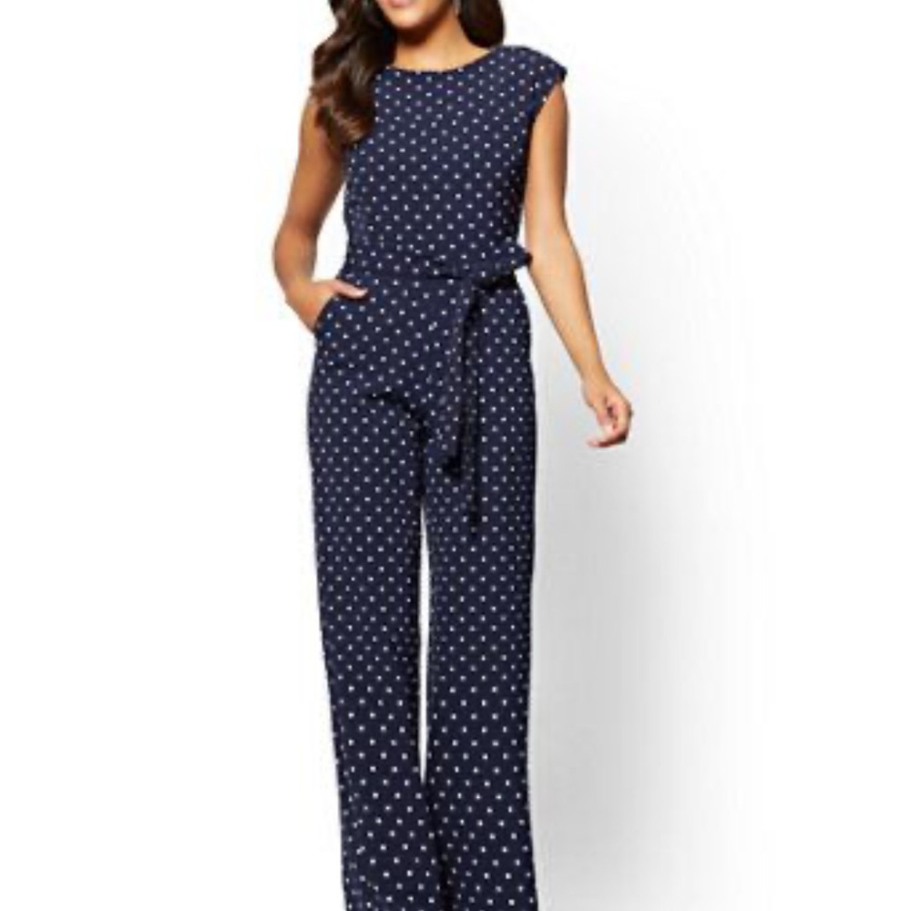New York & Company Navy and White Dot Jumpsuit